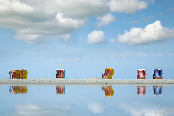 Colorful beach chairs, Norddorf beach stock photo