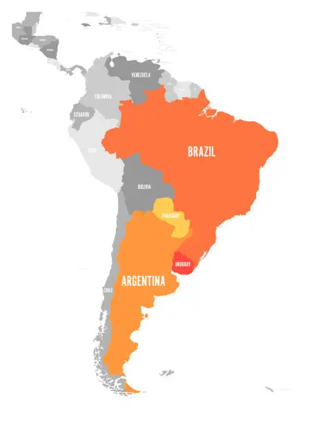 Vector illustration of Map of MERCOSUR countires. South american trade association. Orange highlighted member states Brazil, Paraguay, Uruguay and Argetina. Since December 2016