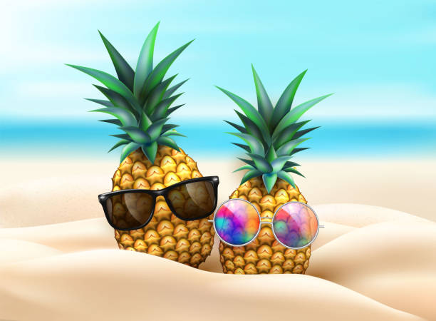 Pineapple in sunglasses at beach party Pineapple in sunglasses in beach sand on seaside background. realistic funny fruit 3d tropical pool beach party poster template. Exotic funny fruits summer vacation organic object, vector illustration pineapple beach stock illustrations