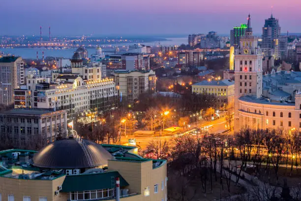 Evening Voronezh skyline. Downtown. Modern and historical buildings