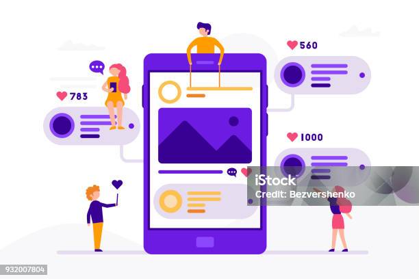 Social Media Concept Banner With Phone And Small People Around It Having Chat Mailing With Likes And Photos Vector Illustration In Flat Design With Smartphone Isolated On White Background Stock Illustration - Download Image Now