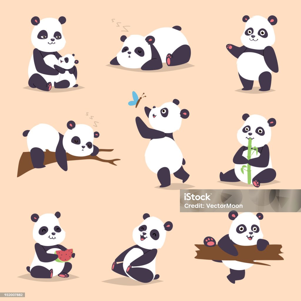 Panda Cartoon Character In Various Expression Vector Animal White Cute  China Black Panda Bear Giant Mammal Fat Wilderness Rare Lying Woods Panda  Bear Eating Bamboo China Wild Animals Stock Illustration - Download