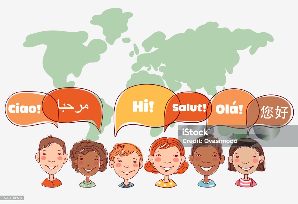 Group of happy smiling kids speaking together. Girls and boys with speech bubbles in different languages over world map Language stock vector