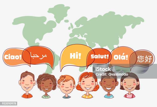 Group Of Happy Smiling Kids Speaking Together Girls And Boys With Speech Bubbles In Different Languages Over World Map Stock Illustration - Download Image Now