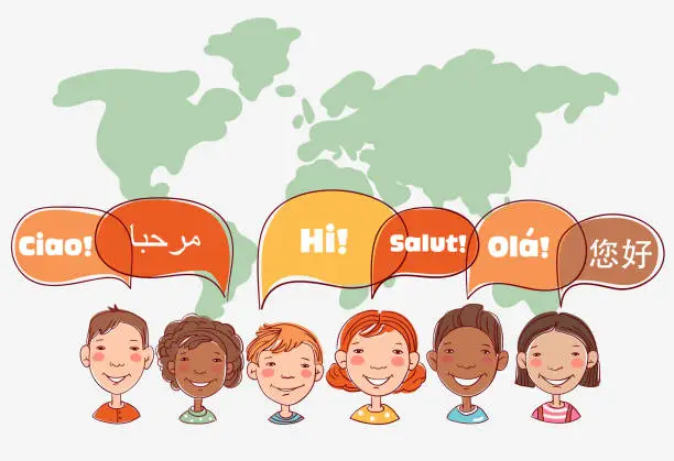 Vector illustration of Group of happy smiling kids speaking together. Girls and boys with speech bubbles in different languages over world map