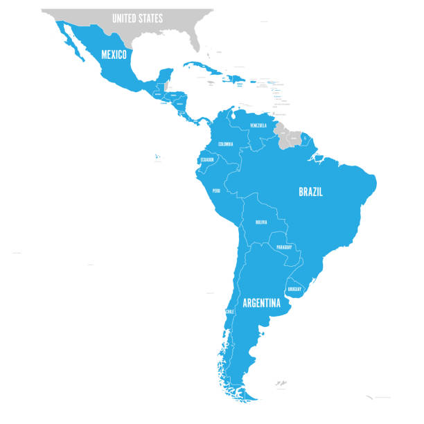 politische karte von lateinamerika. lateinamerikanischen staaten blau markiert auf der karte von südamerika, mittelamerika und karibik. vektor-illustration - lateinamerika stock-grafiken, -clipart, -cartoons und -symbole