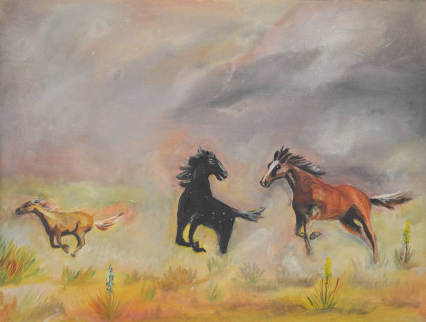 dzikie konie w grze - image created 1960s obrazy stock illustrations