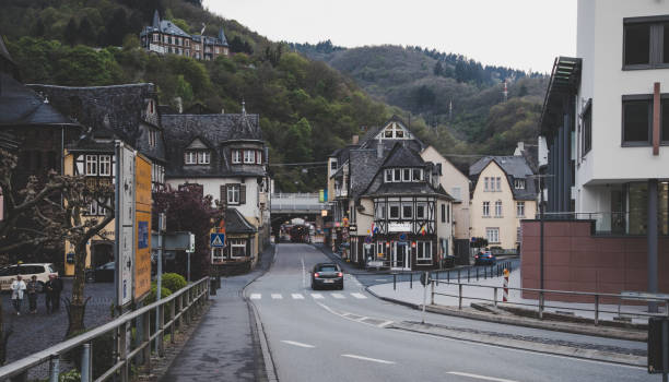 Cochem - Germany, April 28, 2017: City street view of old town Cochem. Cochem is the popular with vine on the Mosel river seat of and the biggest town in the Cochem-Zell district in Rhineland-Palatinate, Germany.