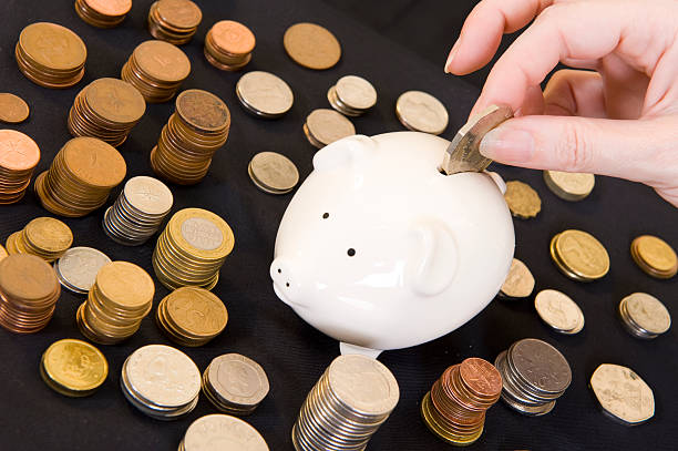 Piggy bank with stacks of coins surrounding it stock photo