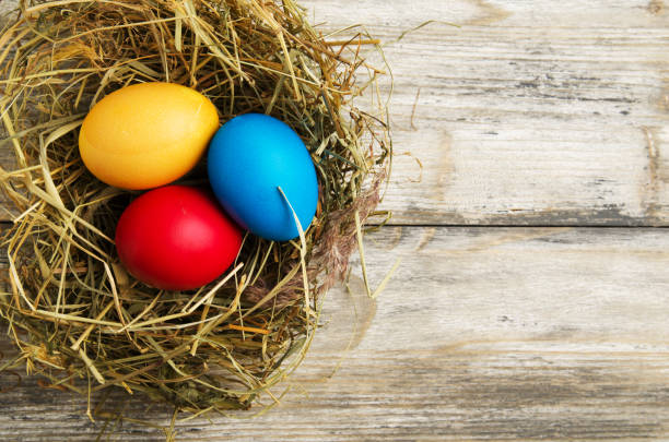 istock Easter eggs on a wooden background .Easter eggs of different colors .Easter eggs top view 932050618