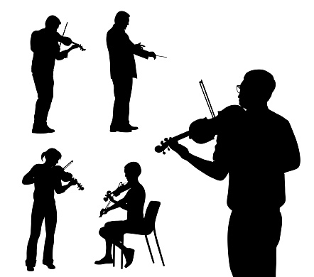 Various figures playing the violin and orchestra director in silhouettes