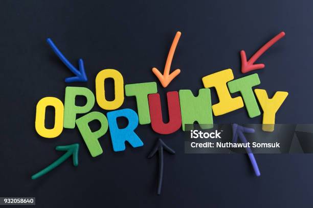 Colorful Arrows Pointing To The Word Opportunity At The Center On Black Chalkboard Concept Of Future Opportunity In Career Path Job Or Work Journey Motivation For Life Target Or Success In Work Stock Photo - Download Image Now