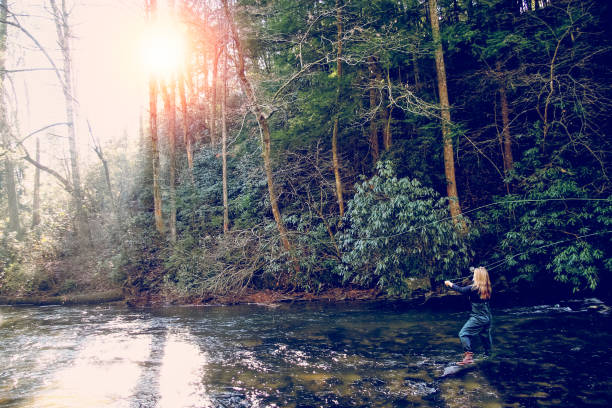 Teenage Girl fly fishing on a small river in summer time.