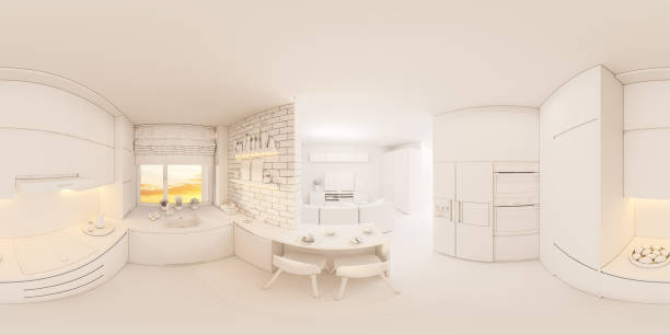 grados de figura esférica 360 3d, panorama inconsútil de la sala de estar y cocina diseño de interiores - small domestic kitchen apartment rental fotografías e imágenes de stock