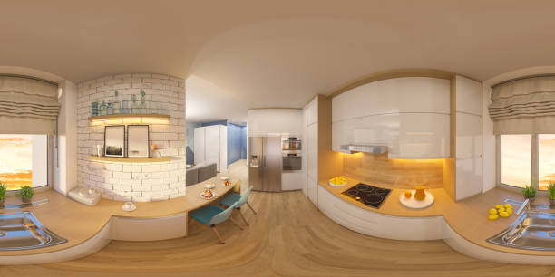3d illustration spherical 360 degrees, seamless panorama of living room and kitchen interior design 3d illustration spherical 360 degrees, seamless panorama of living room and kitchen interior design. Modern studio apartment in the Scandinavian minimalist style 360 degree view photos stock pictures, royalty-free photos & images