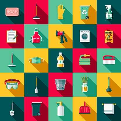 A set of flat design styled housekeeping and cleaning supplies icons with a long side shadow. Color swatches are global so it’s easy to edit and change the colors.