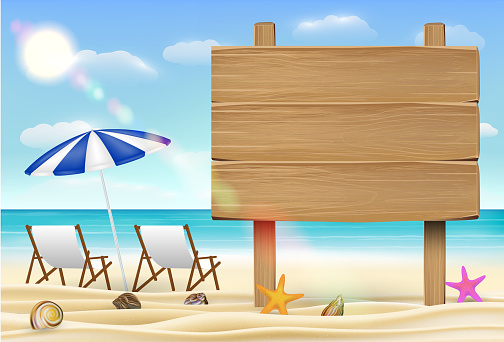 wood board sign on sea sand beach with relax chair