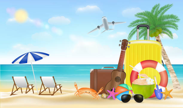 summer vacation with travel bag on sea sand beach summer vacation with travel bag on sea sand beach sunny beach time stock illustrations