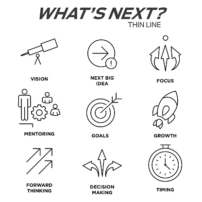 Whats Next Icon Set With Big Idea Mentoring Decision Making And Forward Whats Next Icon Set With Big Idea Mentoring Decision Making And Forward
