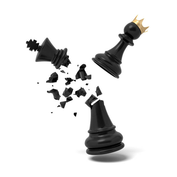 istock 3d rendering of a cracked black chess king piece breaks under a flying white pawn with a golden crown 932084710