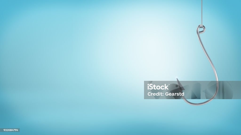 3d rendering of a single large silver hook hangs from a string without any catch on a blue background 3d rendering of a single large silver hook hangs from a string without any catch on a blue background. Business tricks. Lure and bait. Attracting clients. Fishing Hook Stock Photo