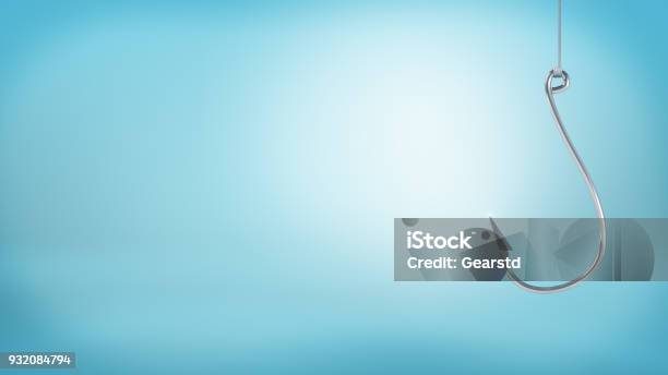 3d Rendering Of A Single Large Silver Hook Hangs From A String Without Any Catch On A Blue Background Stock Photo - Download Image Now