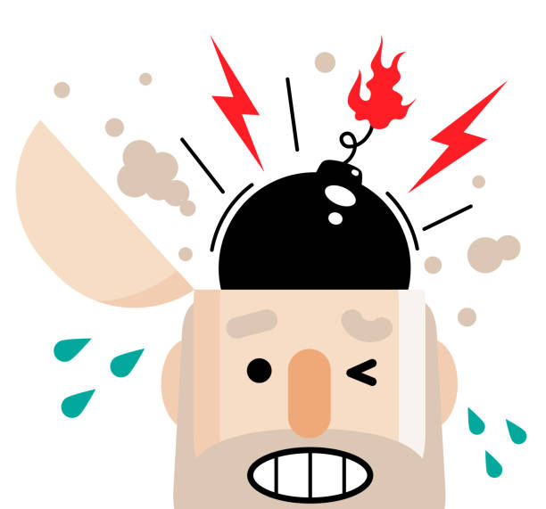 ilustrações de stock, clip art, desenhos animados e ícones de senior man has a big bomb in his open head - bomb exploding vector problems