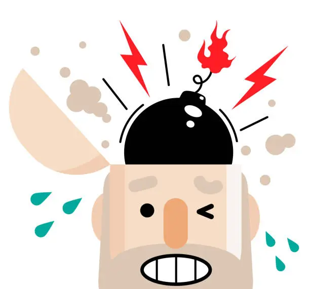 Vector illustration of Senior man has a big bomb in his open head