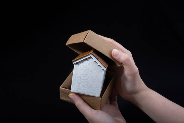 istock Little model house in hand in a box 932089620