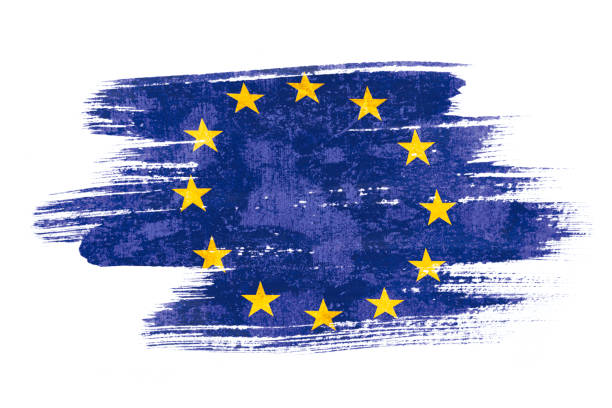 pincel acuarela pintura de la bandera de la ue soplado por el viento aislado sobre fondo blanco. - european community european union flag europe flag fotografías e imágenes de stock