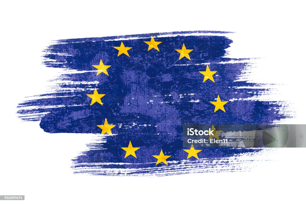 Art brush watercolor painting of EU flag blown in the wind isolated on white background. Europe Stock Photo