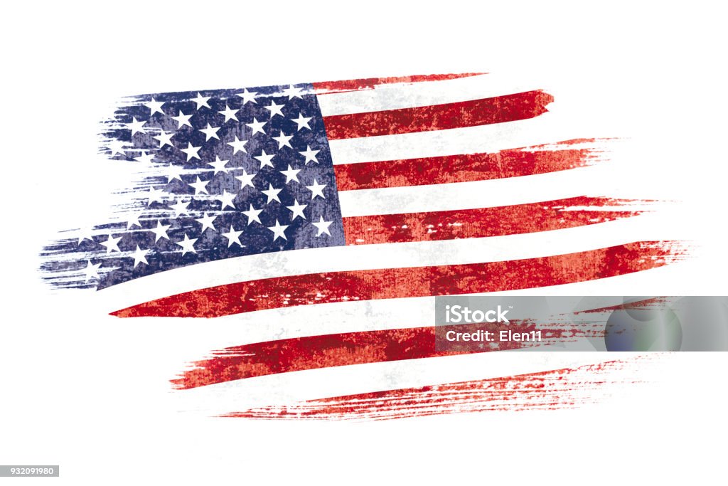 Art brush watercolor painting of USA flag blown in the wind isolated on white background. American Flag Stock Photo