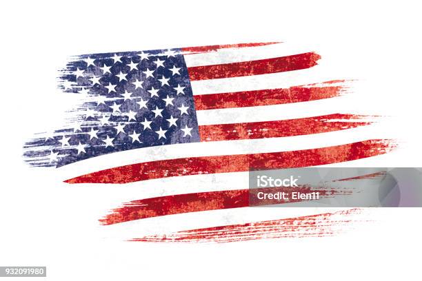 Art Brush Watercolor Painting Of Usa Flag Blown In The Wind Isolated On White Background Stock Photo - Download Image Now