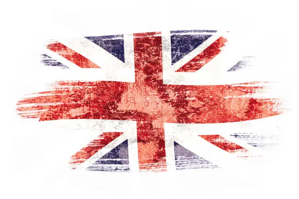 Photo of Art brush watercolor painting of UK flag blown in the wind isolated on white background.
