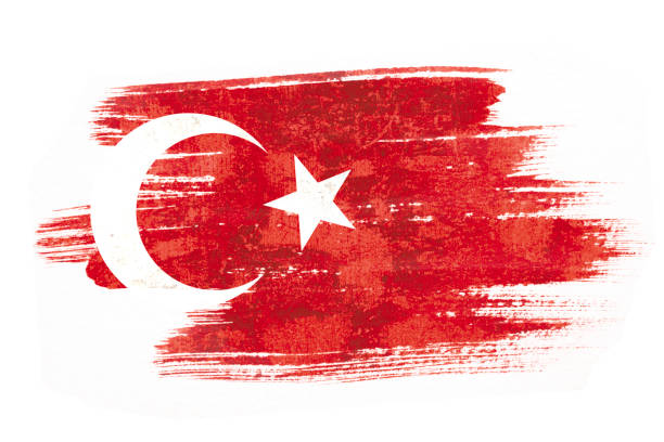Art brush watercolor painting of Turkish flag blown in the wind isolated on white background. stock photo