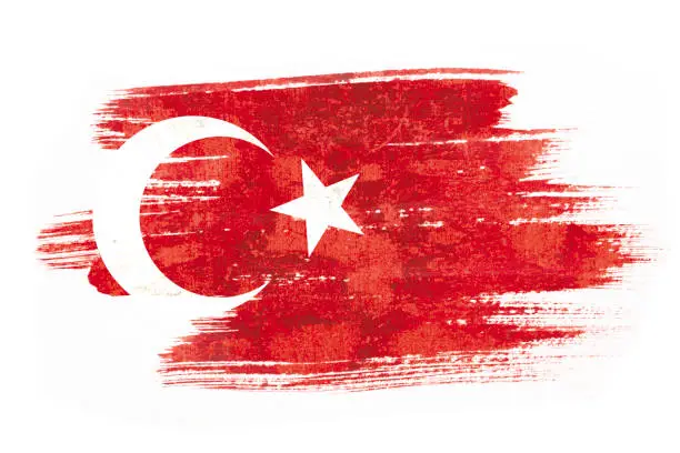 Photo of Art brush watercolor painting of Turkish flag blown in the wind isolated on white background.