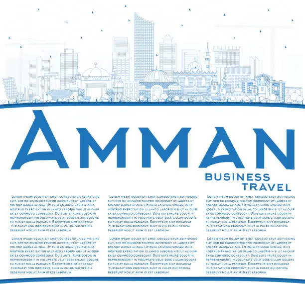 Vector illustration of Outline Amman Jordan Skyline with Blue Buildings and Copy Space.