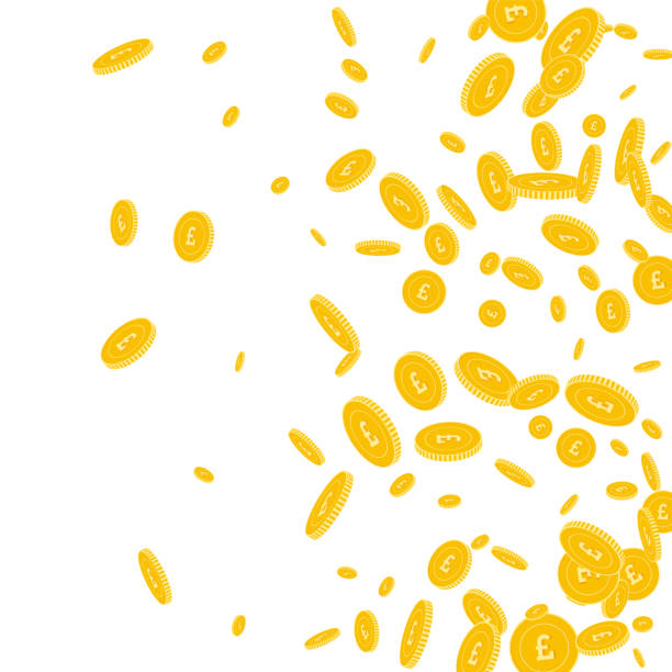 British pound coins falling. British pound coins falling. Scattered disorderly GBP coins on white background. Dramatic right gradient vector illustration. Jackpot or success concept. british currency stock illustrations