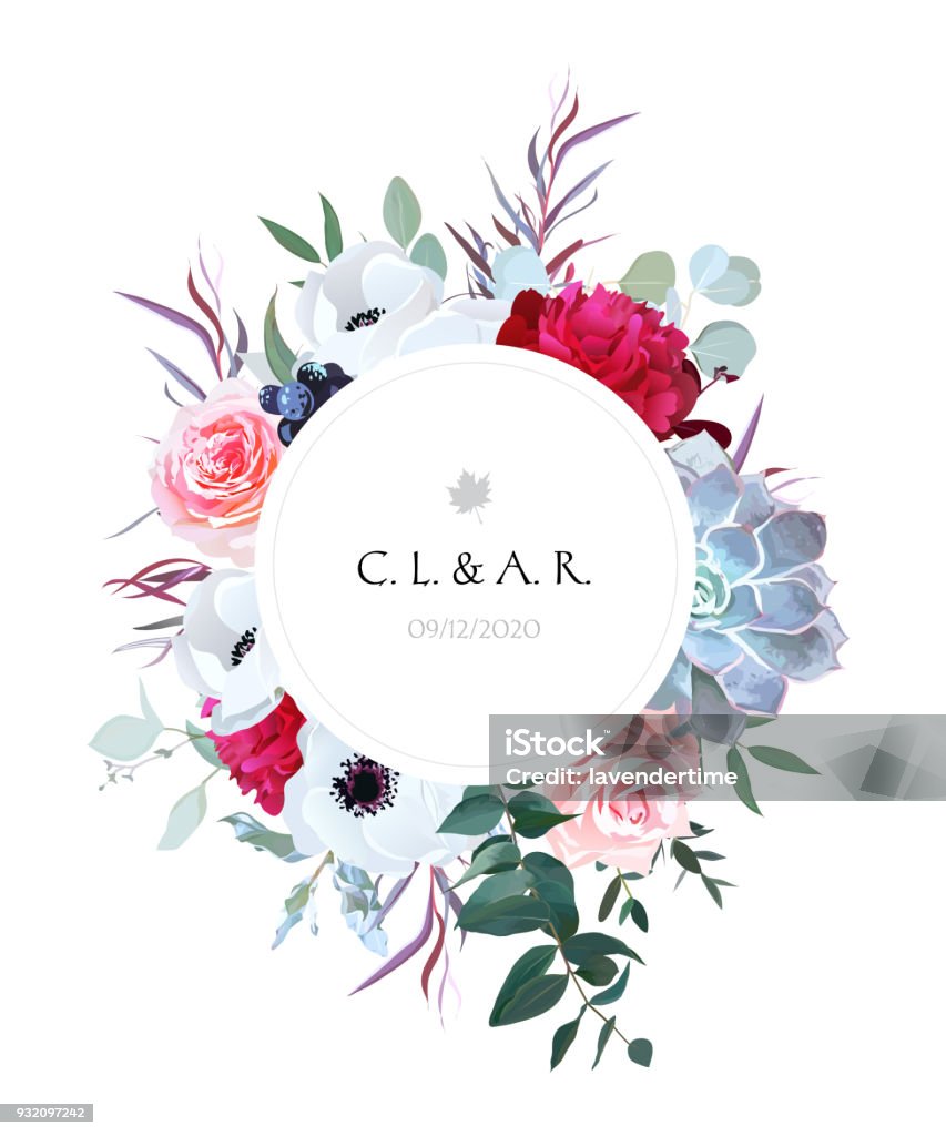 Elegant floral label frame arranged from leaves and flowers Round floral label frame arranged from leaves and flowers.Pink rose, white anemone, black berry, burgundy red peony,agonis,succulent,eucalyptus vector design set.All elements are isolated and editable Flower stock vector
