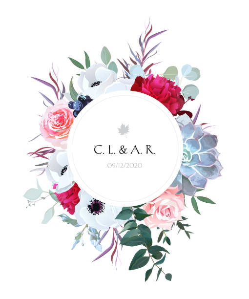 Elegant floral label frame arranged from leaves and flowers Round floral label frame arranged from leaves and flowers.Pink rose, white anemone, black berry, burgundy red peony,agonis,succulent,eucalyptus vector design set.All elements are isolated and editable fall flower bouquet stock illustrations