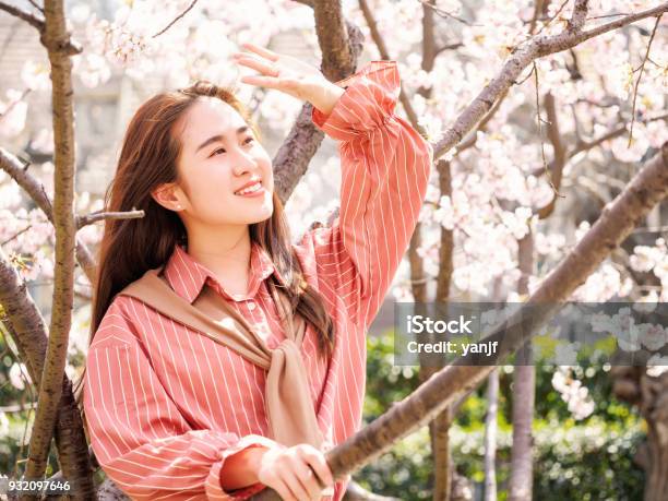 Outdoor Portrait Of Beautiful Young Chinese Girl In Red Shirt Smiling Among Blossom Cherry Tree Brunch In Spring Garden Beauty Summer Emotion Expression And People Concept Stock Photo - Download Image Now