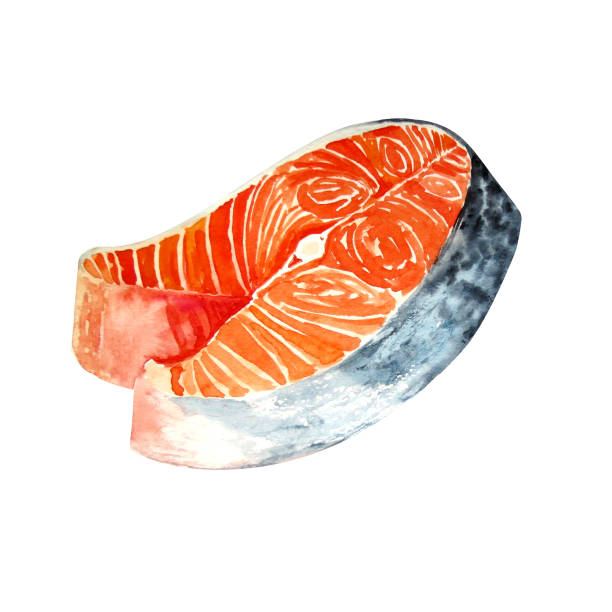 istock Watercolor image of a steak of salmon on white background 932098196