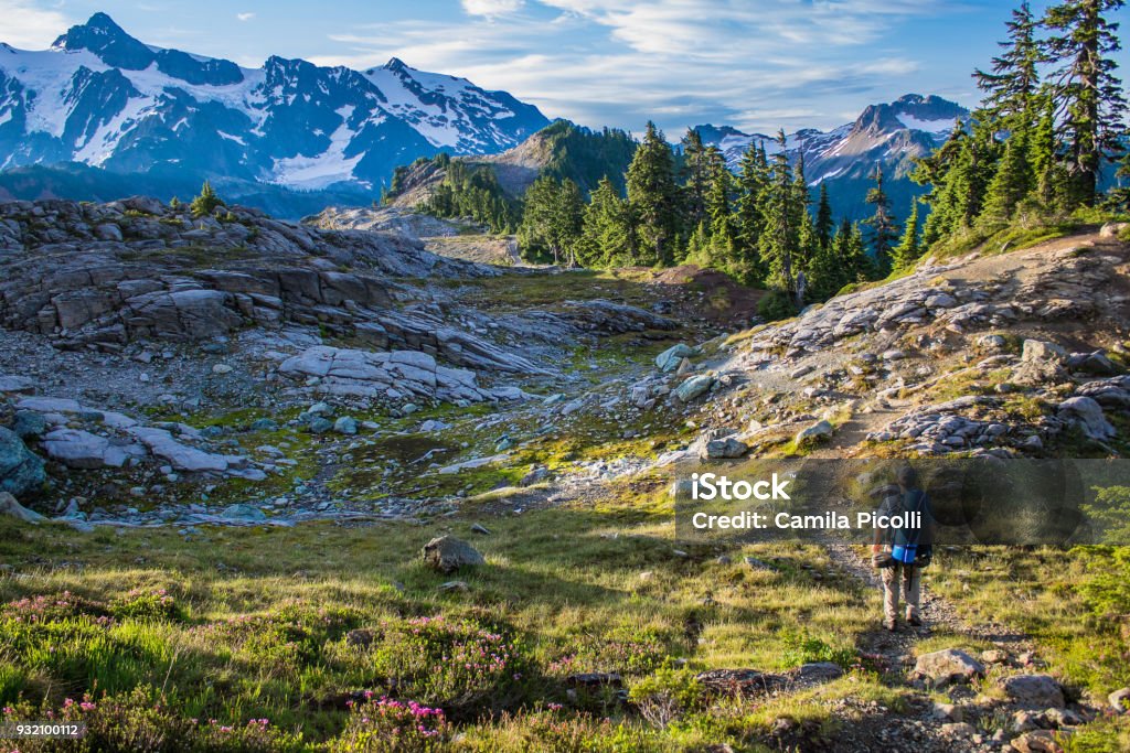 Randonneur homme marche sur sentier de montagne - Photo de Randonnée pédestre libre de droits