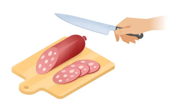 Vector illustration of Flat isometric illustration of cutting board, stick of sausage, knife.