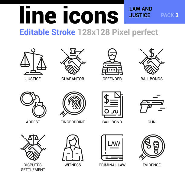 Law and Justice line icons - Editable Stroke, Pixel perfect thin line vector icons for web design and website application. Suitable for print, symbols, apps, infographics. Law and Justice line icons - Editable Stroke, Pixel perfect thin line vector icons for web design and website application. Suitable for print, symbols, apps, infographics. bail law stock illustrations