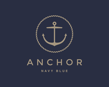 Anchor emblem with circular rope frame . Yacht style design. Nautical sign, symbol. Universal icon. Simple icontype template. Vector illustration.
