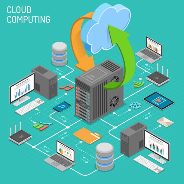 Data Network Cloud Computing Technology Isometric Data Network Cloud Computing Technology Isometric business concept with network server, computer, laptop, router and multimedia icons. Storage and transfer data. Vector illustration router vector stock illustrations