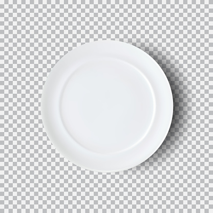 White plate isolated on transparent background. Kitchen dishes for food, plate and dish clean for kitchen, porcelain dishware. Vector illustration for your product, food ads, tableware design element.