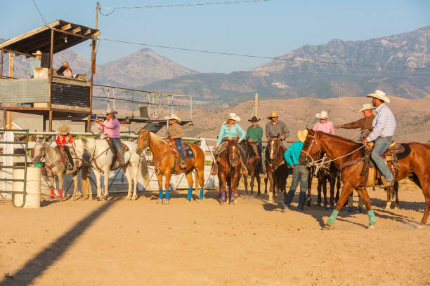 istock Crowd on Horseback Watch the Team Roping Event at a Dusty Rodeo 932117636