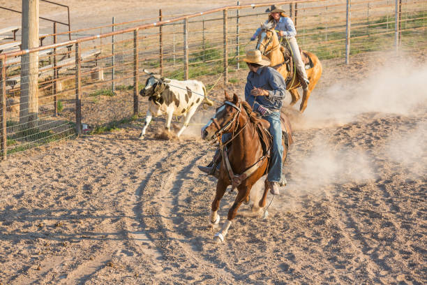 istock Team Roping Event Riders at a Dusty Rodeo 932117642